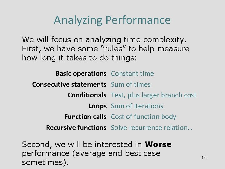 Analyzing Performance We will focus on analyzing time complexity. First, we have some “rules”