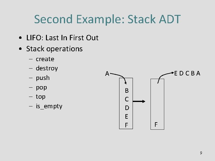 Second Example: Stack ADT • LIFO: Last In First Out • Stack operations –