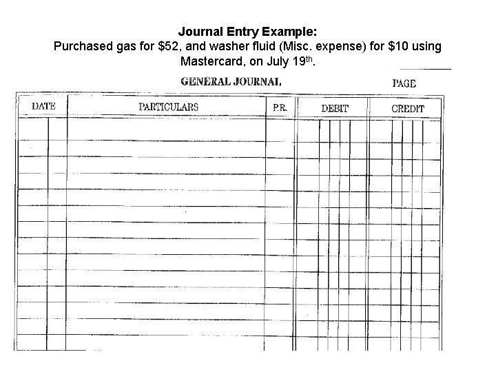 Journal Entry Example: Purchased gas for $52, and washer fluid (Misc. expense) for $10