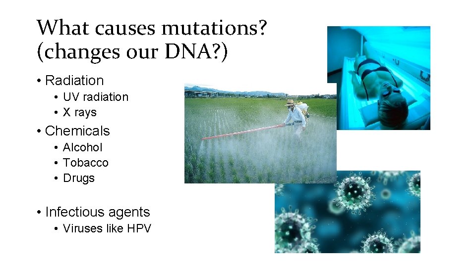 What causes mutations? (changes our DNA? ) • Radiation • UV radiation • X