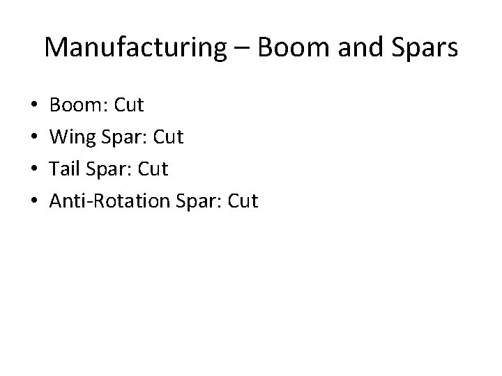 Manufacturing – Boom and Spars • • Boom: Cut Wing Spar: Cut Tail Spar: