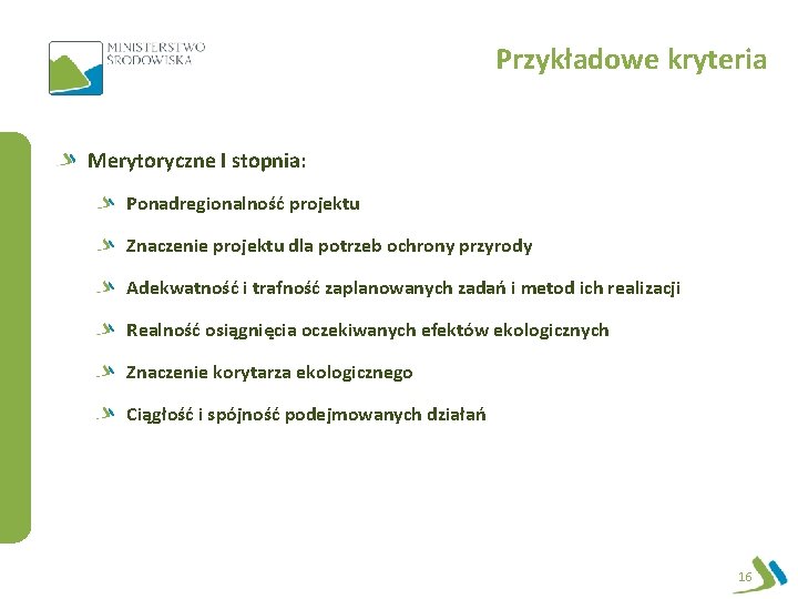 Przykładowe kryteria Merytoryczne I stopnia: Ponadregionalność projektu Znaczenie projektu dla potrzeb ochrony przyrody Adekwatność