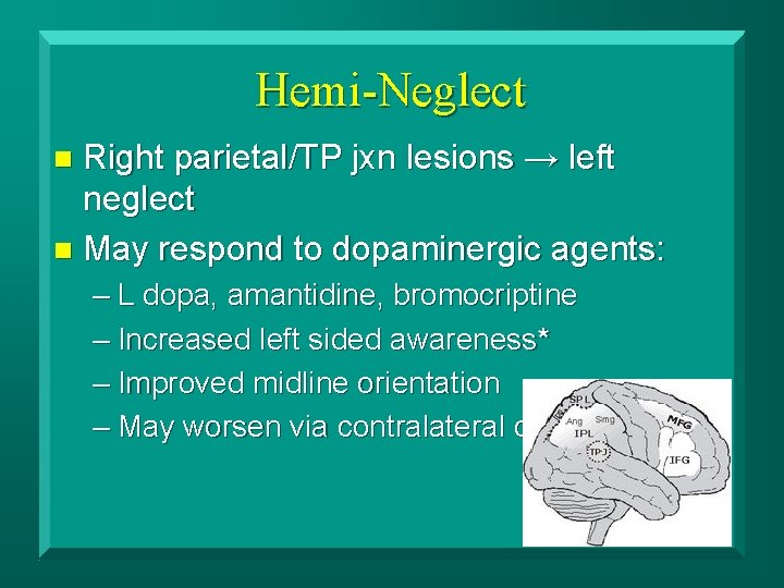 Hemi-Neglect Right parietal/TP jxn lesions → left neglect n May respond to dopaminergic agents: