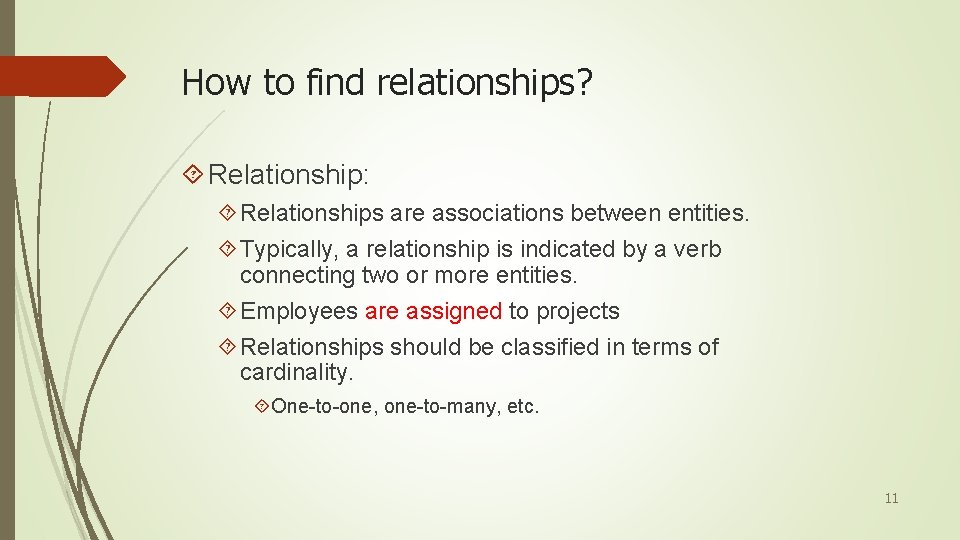 How to find relationships? Relationship: Relationships are associations between entities. Typically, a relationship is