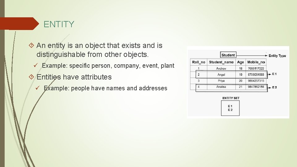 ENTITY An entity is an object that exists and is distinguishable from other objects.