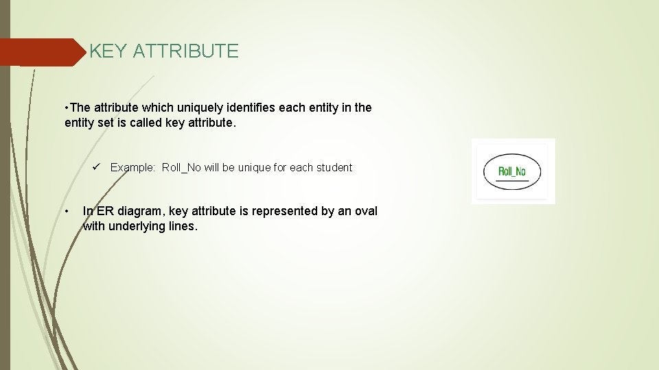 KEY ATTRIBUTE • The attribute which uniquely identifies each entity in the entity set