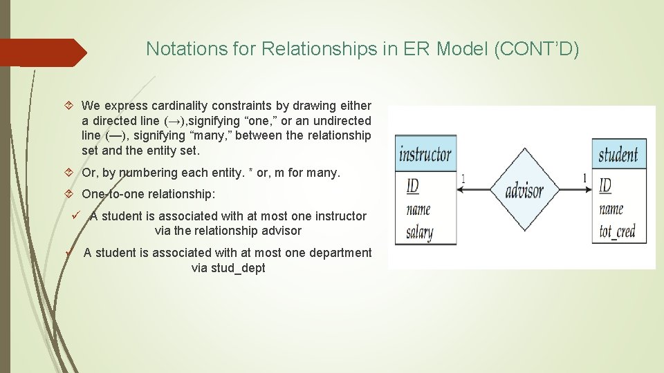 Notations for Relationships in ER Model (CONT’D) We express cardinality constraints by drawing either