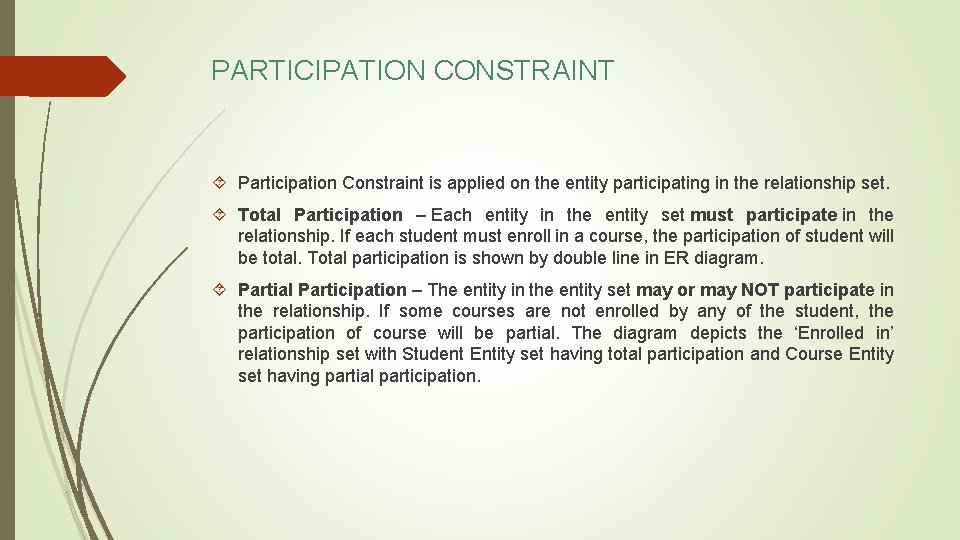PARTICIPATION CONSTRAINT Participation Constraint is applied on the entity participating in the relationship set.