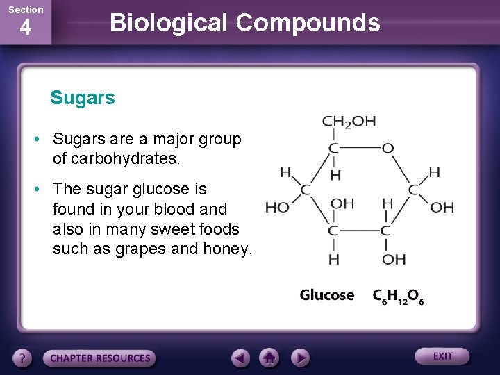Section 4 Biological Compounds Sugars • Sugars are a major group of carbohydrates. •