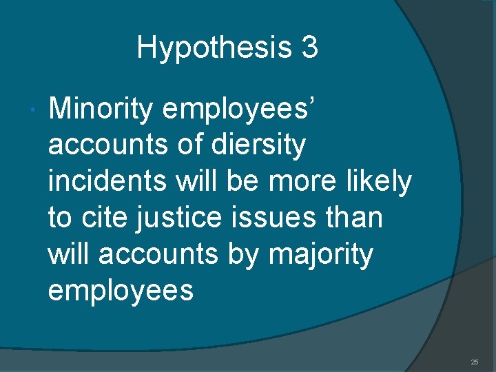 Hypothesis 3 Minority employees’ accounts of diersity incidents will be more likely to cite