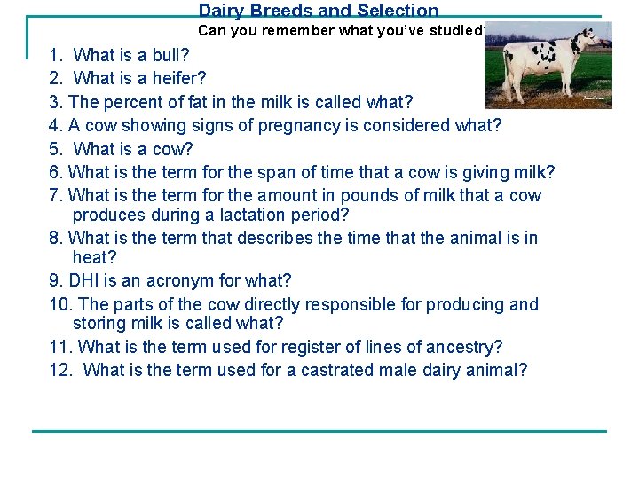 Dairy Breeds and Selection Can you remember what you’ve studied? 1. What is a