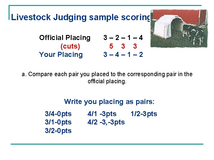 Livestock Judging sample scoring Official Placing (cuts) Your Placing 3– 2– 1– 4 5