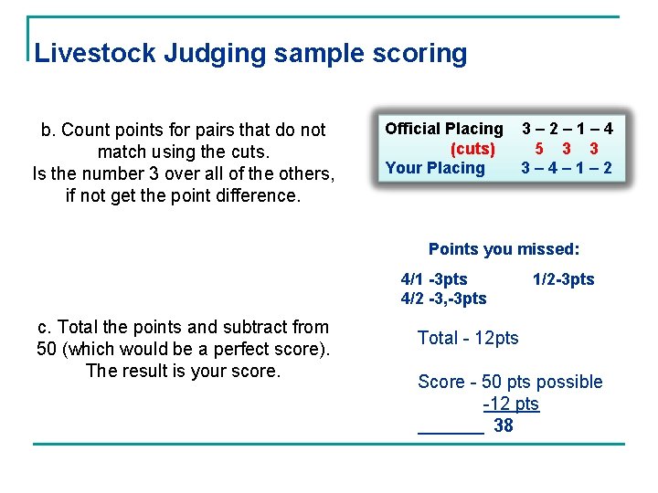 Livestock Judging sample scoring b. Count points for pairs that do not match using