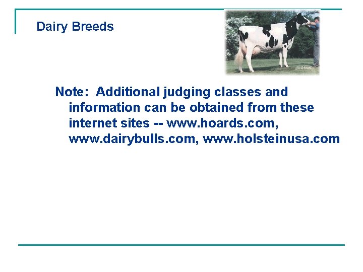 Dairy Breeds Note: Additional judging classes and information can be obtained from these internet