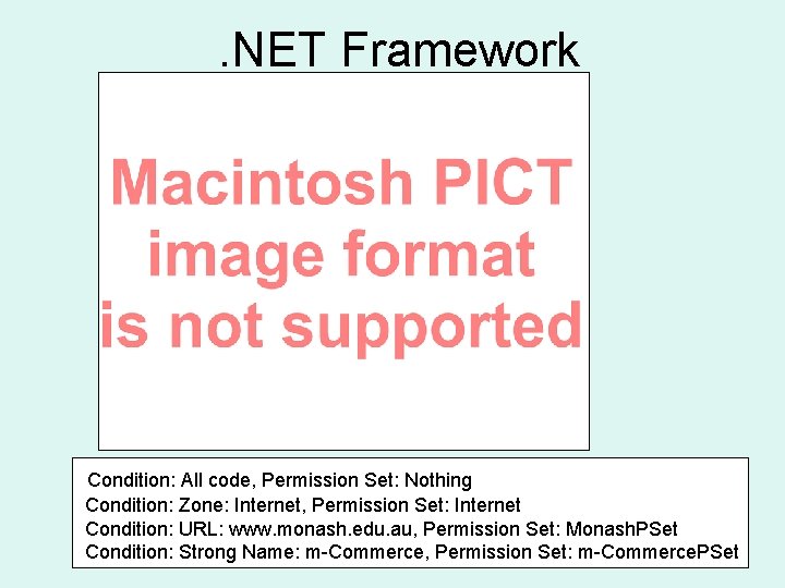 . NET Framework Condition: All code, Permission Set: Nothing Condition: Zone: Internet, Permission Set: