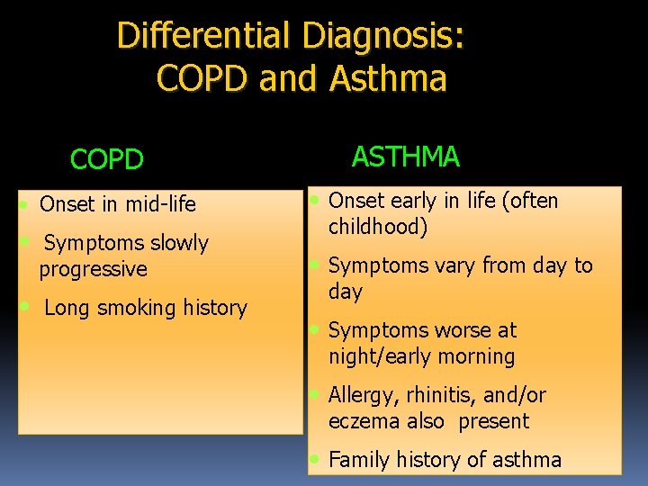 Differential Diagnosis: COPD and Asthma COPD • Onset in mid-life • • Symptoms slowly