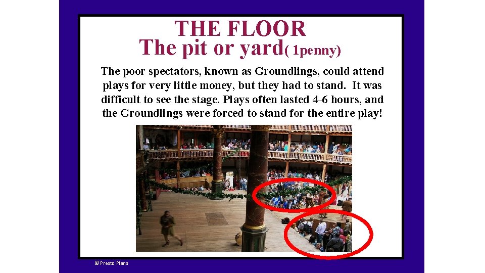 THE FLOOR The pit or yard( 1 penny) The poor spectators, known as Groundlings,