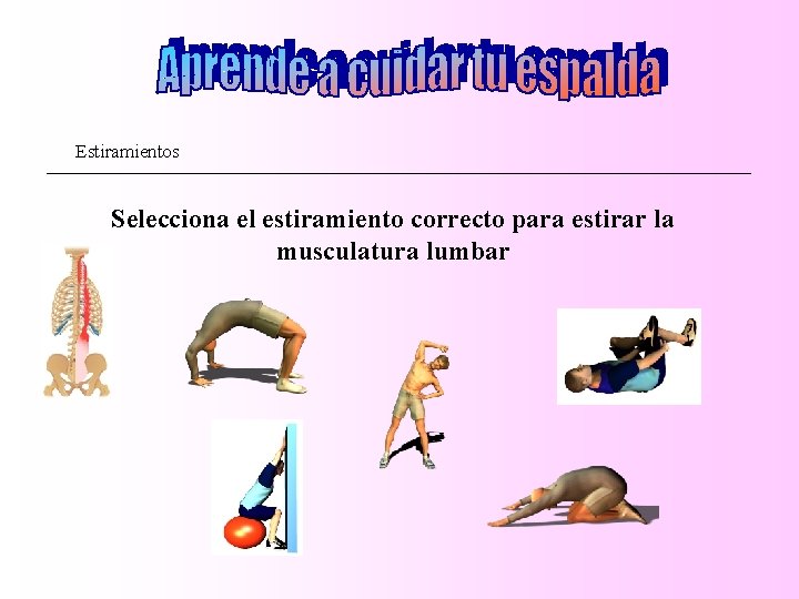 Estiramientos Selecciona el estiramiento correcto para estirar la musculatura lumbar 