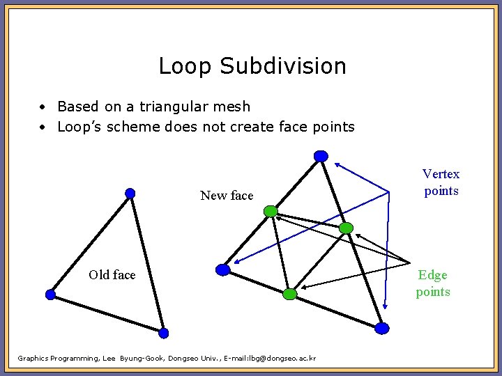 Loop Subdivision • Based on a triangular mesh • Loop’s scheme does not create