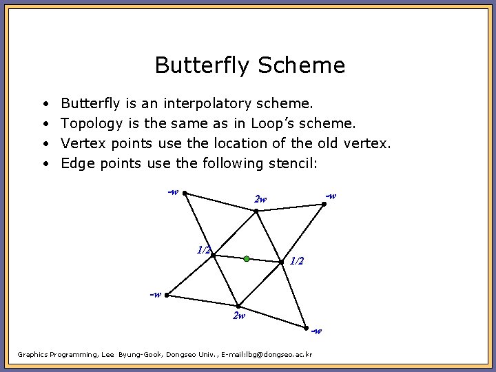 Butterfly Scheme • • Butterfly is an interpolatory scheme. Topology is the same as