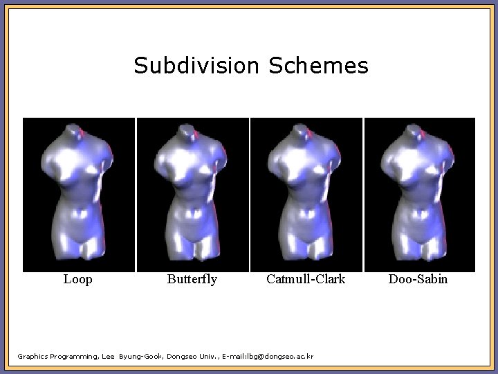 Subdivision Schemes Loop Butterfly Catmull-Clark Graphics Programming, Lee Byung-Gook, Dongseo Univ. , E-mail: lbg@dongseo.