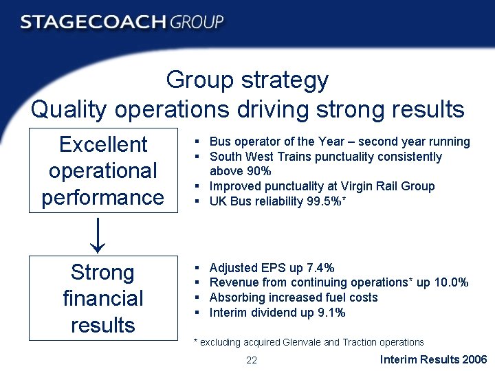 Group strategy Quality operations driving strong results Excellent operational performance ↓ Strong financial results