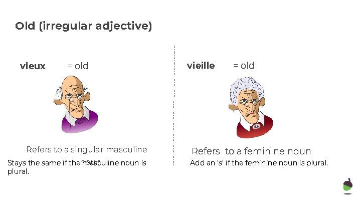 Old (irregular adjective) vieux = old Refers to a singular masculine Stays the same