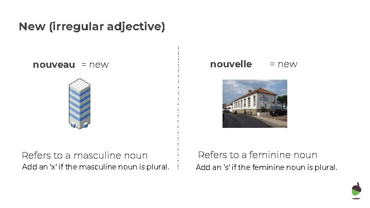 New (irregular adjective) nouveau = new Refers to a masculine noun Add an ‘x’