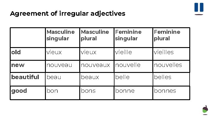 Agreement of irregular adjectives Masculine singular Masculine plural Feminine singular Feminine plural old vieux