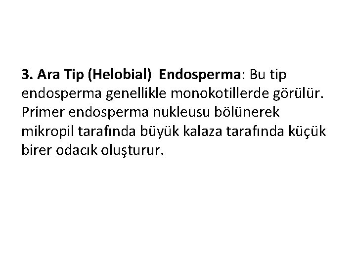 3. Ara Tip (Helobial) Endosperma: Bu tip endosperma genellikle monokotillerde görülür. Primer endosperma nukleusu