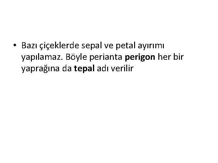  • Bazı çiçeklerde sepal ve petal ayırımı yapılamaz. Böyle perianta perigon her bir