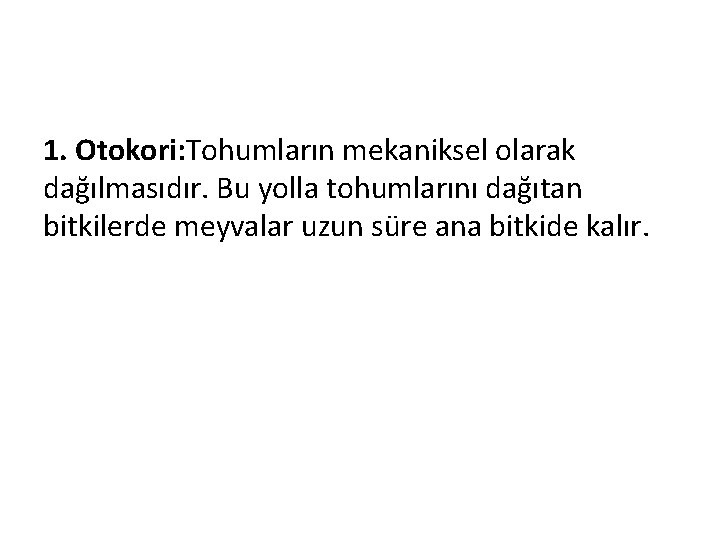 1. Otokori: Tohumların mekaniksel olarak dağılmasıdır. Bu yolla tohumlarını dağıtan bitkilerde meyvalar uzun süre