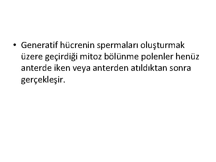  • Generatif hücrenin spermaları oluşturmak üzere geçirdiği mitoz bölünme polenler henüz anterde iken