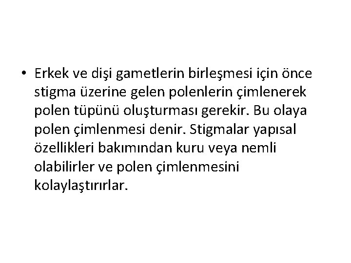  • Erkek ve dişi gametlerin birleşmesi için önce stigma üzerine gelen polenlerin çimlenerek