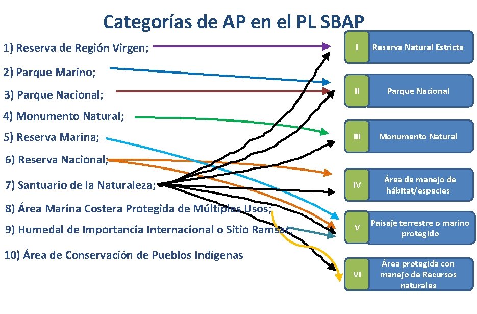 Categorías de AP en el PL SBAP 1) Reserva de Región Virgen; I Reserva