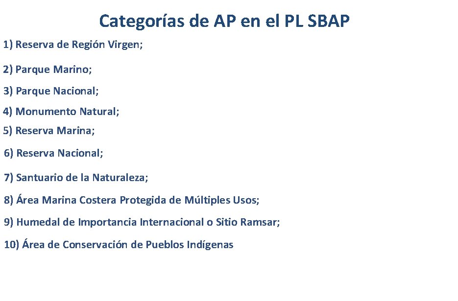 Categorías de AP en el PL SBAP 1) Reserva de Región Virgen; 2) Parque