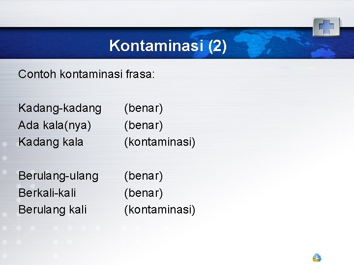 Kontaminasi (2) Contoh kontaminasi frasa: Kadang-kadang Ada kala(nya) Kadang kala (benar) (kontaminasi) Berulang-ulang Berkali-kali