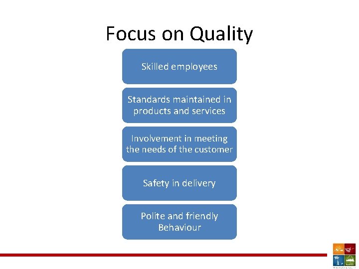 Focus on Quality Skilled employees Standards maintained in products and services Involvement in meeting