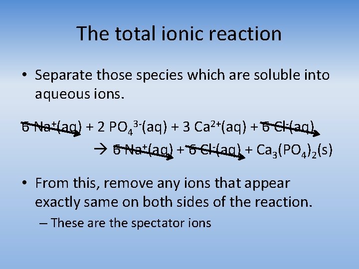 The total ionic reaction • Separate those species which are soluble into aqueous ions.