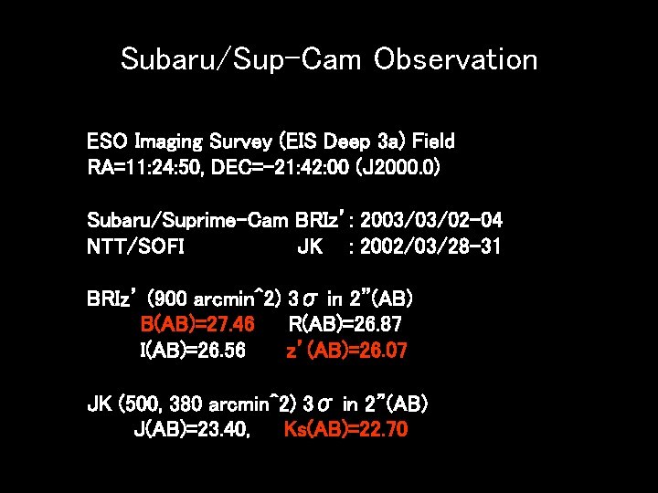 Subaru/Sup-Cam Observation ESO Imaging Survey (EIS Deep 3 a) Field RA=11: 24: 50, DEC=-21: