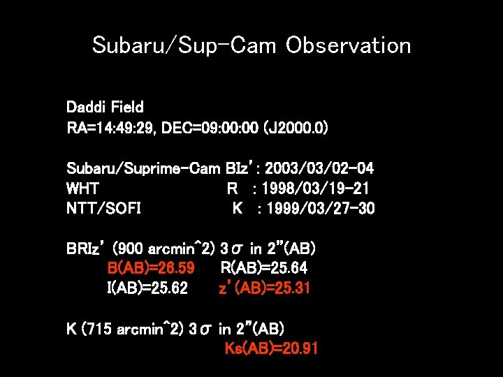 Subaru/Sup-Cam Observation Daddi Field RA=14: 49: 29, DEC=09: 00 (J 2000. 0) Subaru/Suprime-Cam BIz’: