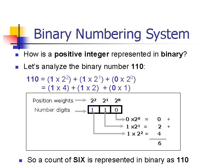 Binary Numbering System n How is a positive integer represented in binary? n Let’s