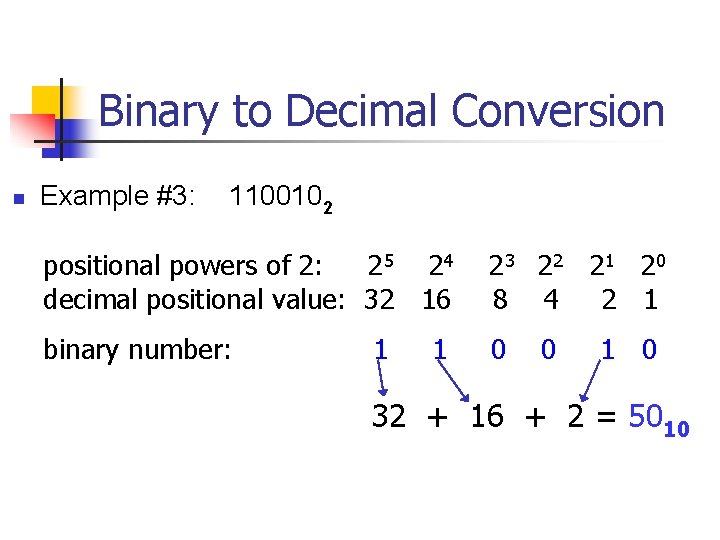 Binary to Decimal Conversion n Example #3: 1100102 positional powers of 2: 2 5