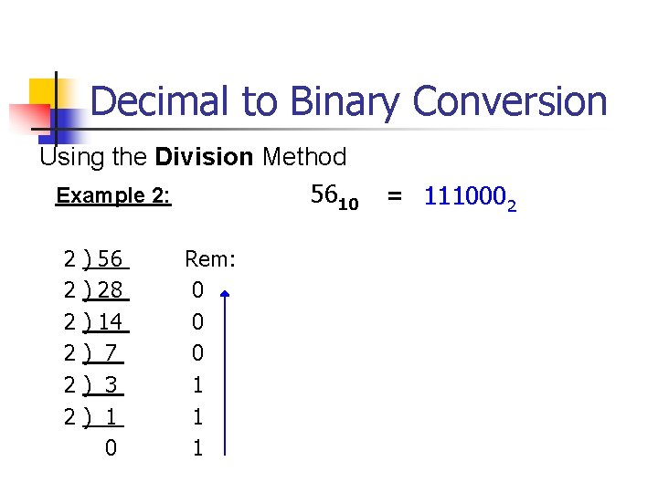 Decimal to Binary Conversion Using the Division Method Example 2: 5610 2 2 2