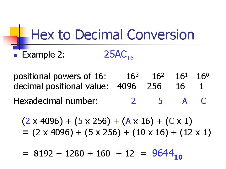 Hex to Decimal Conversion n Example 2: 25 AC 16 positional powers of 16: