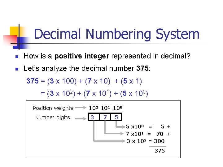Decimal Numbering System n How is a positive integer represented in decimal? n Let’s