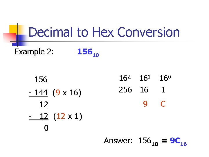 Decimal to Hex Conversion Example 2: 15610 156 - 144 (9 x 16) 12