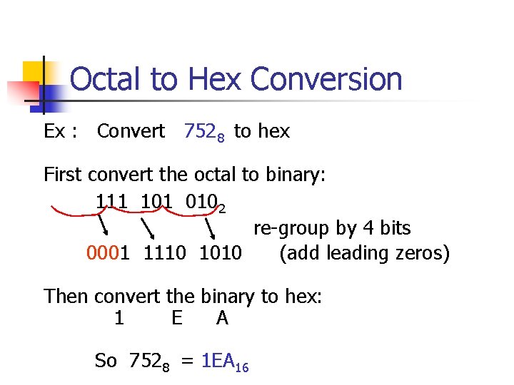 Octal to Hex Conversion Ex : Convert 7528 to hex First convert the octal