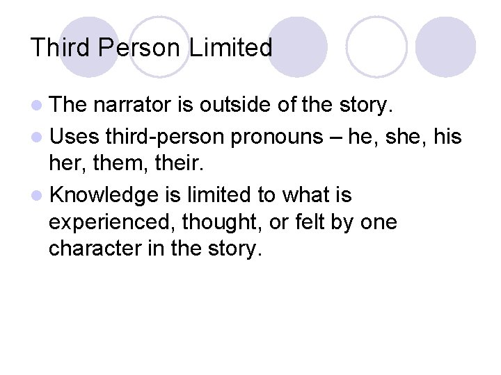 Third Person Limited l The narrator is outside of the story. l Uses third-person Third Person Limited l The narrator is outside of the story. l Uses third-person