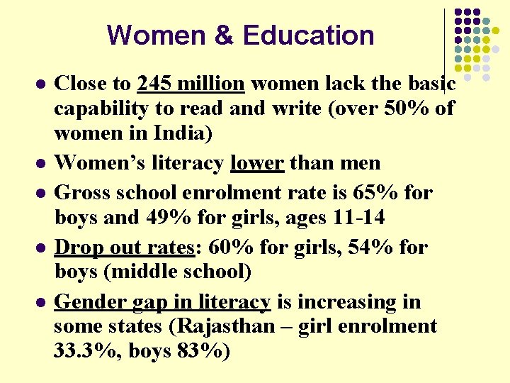 Women & Education l l l Close to 245 million women lack the basic